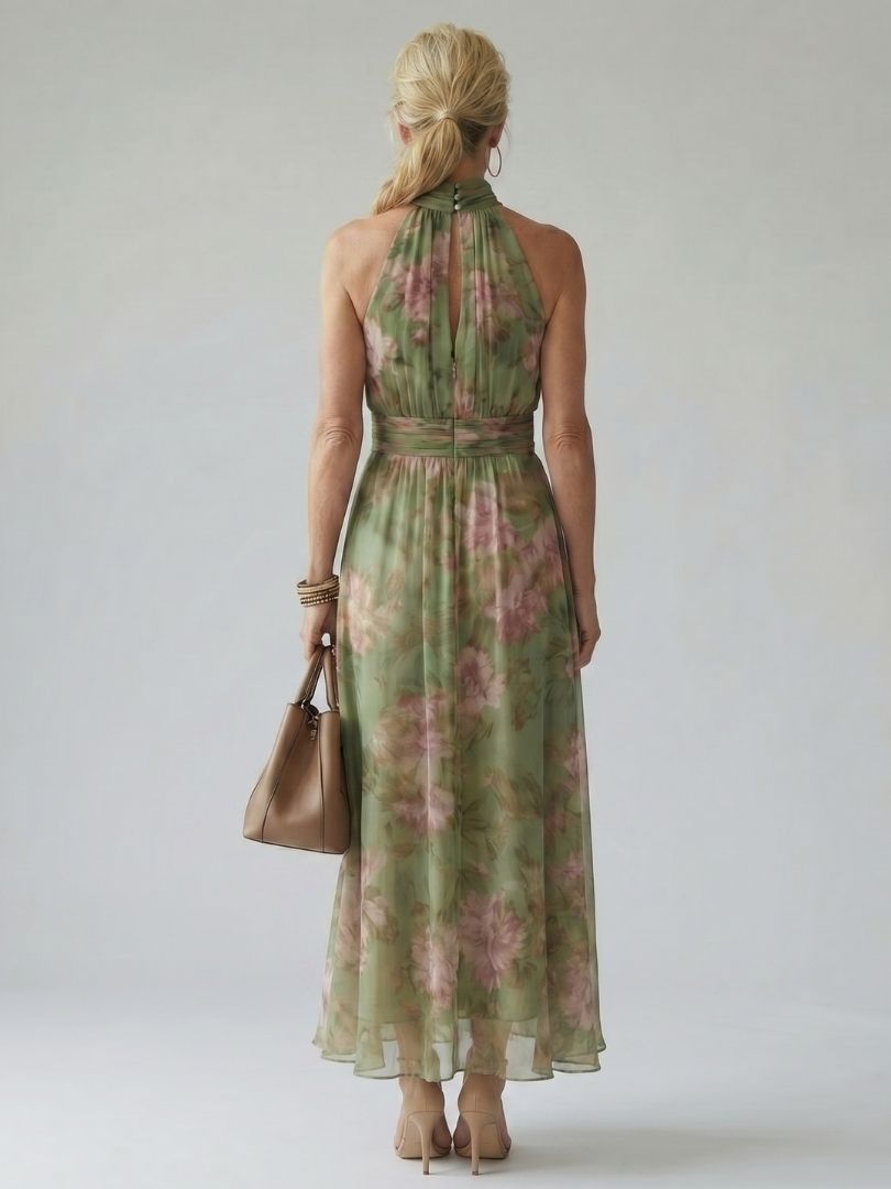 Elegant Sage Green Floral Maxi Dress for Women with Halter Neck Ruched Waist Flowing Wedding Guest Style