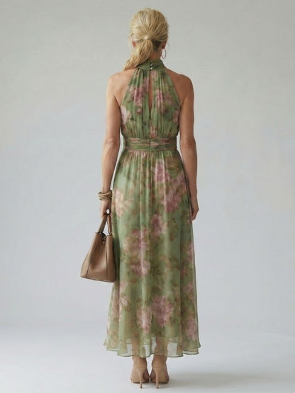 Elegant Sage Green Floral Maxi Dress for Women with Halter Neck Ruched Waist Flowing Wedding Guest Style