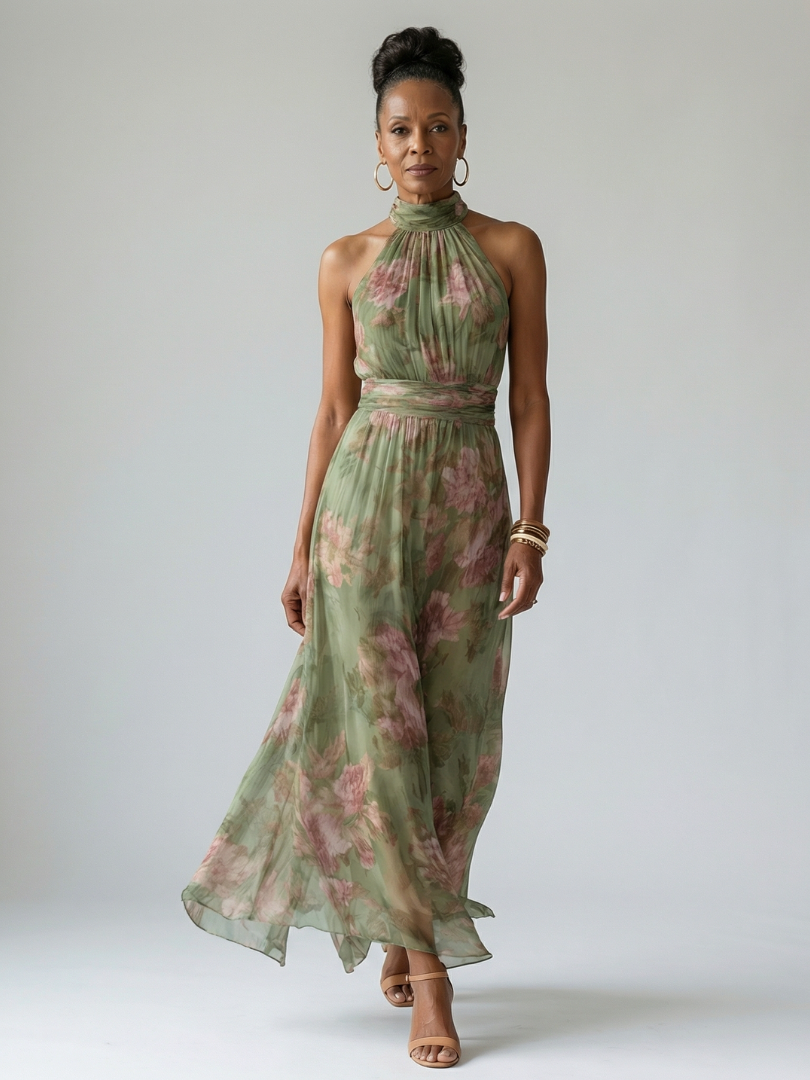Elegant Sage Green Floral Maxi Dress for Women with Halter Neck Ruched Waist Flowing Wedding Guest Style