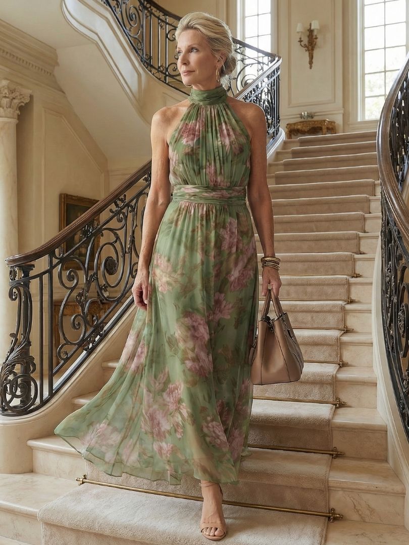 Elegant Sage Green Floral Maxi Dress for Women with Halter Neck Ruched Waist Flowing Wedding Guest Style