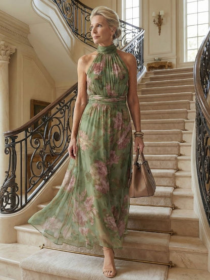 Elegant Sage Green Floral Maxi Dress for Women with Halter Neck Ruched Waist Flowing Wedding Guest Style