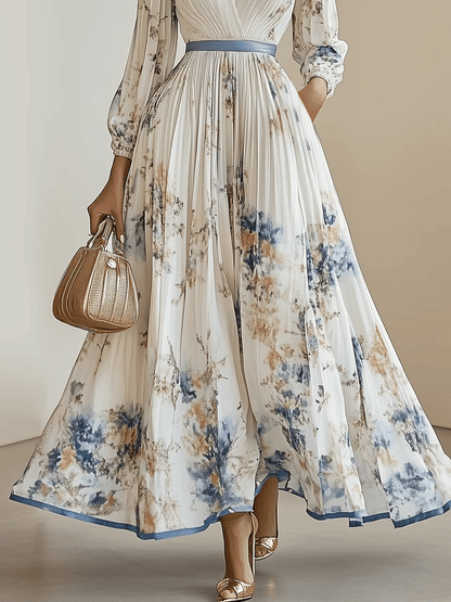 Elegant White Floral Maxi Dress for Women with V Neck Bishop Sleeve Pleated Belted Flowing Style