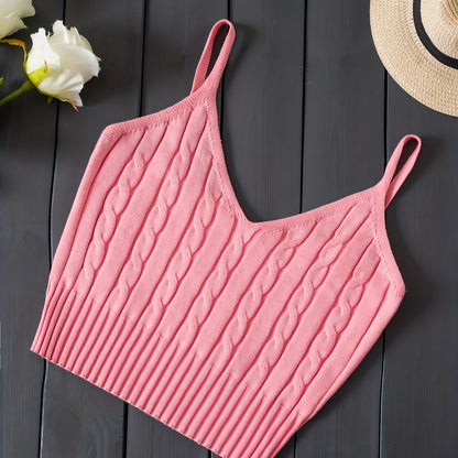 Effortless Cable Knit Tank for Women with V Neck Sleeveless Cropped Ribbed Casual Style