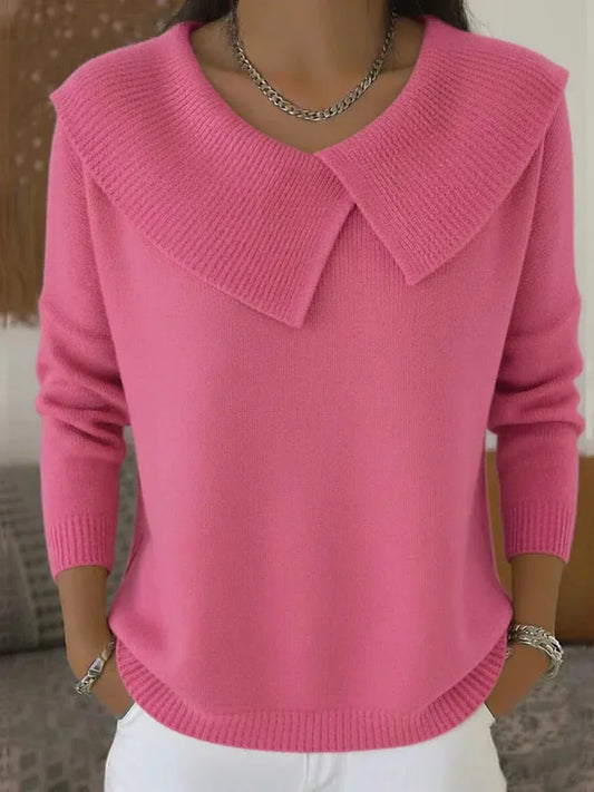 Comfortable Foldover Collar Sweater for Women with V Neck Long Sleeve Relaxed Knit Style