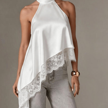 Elegant Satin Blouse for Women with Halter Neck Sleeveless Lace Trim Asymmetric Style