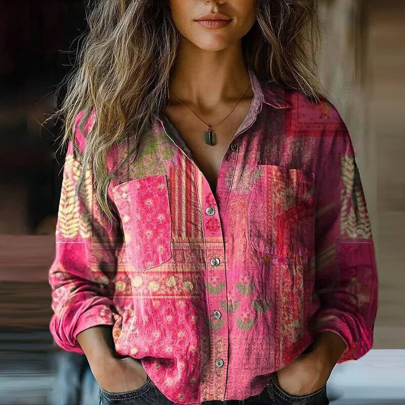 Effortless Boho Print Blouse for Women with Collar Long Sleeve Button Front Casual Style