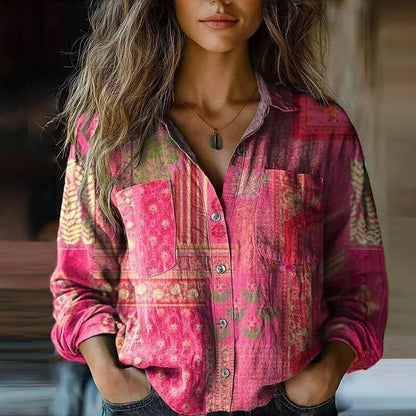 Effortless Boho Print Blouse for Women with Collar Long Sleeve Button Front Casual Style