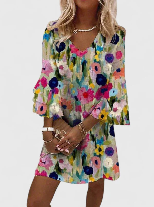 Elegant Multicolor Floral Mini Dress for Women with V Neck Flutter Sleeve Tiered Ruffle Flowing Style