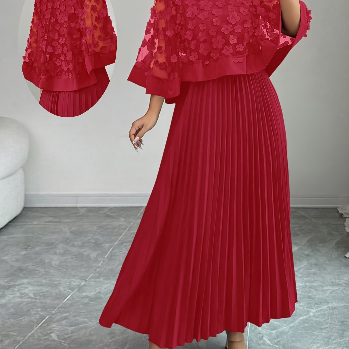 Elegant Floral Mesh Two Piece Set for Women with Round Neck Flutter Sleeve Pleated Maxi Skirt Formal Style