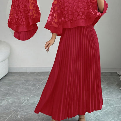 Elegant Floral Mesh Two Piece Set for Women with Round Neck Flutter Sleeve Pleated Maxi Skirt Formal Style