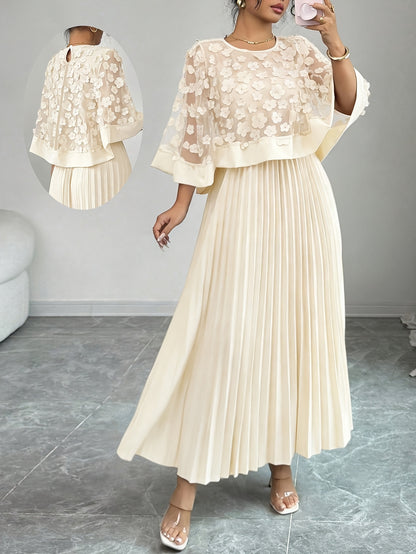 Elegant Floral Mesh Two Piece Set for Women with Round Neck Flutter Sleeve Pleated Maxi Skirt Formal Style