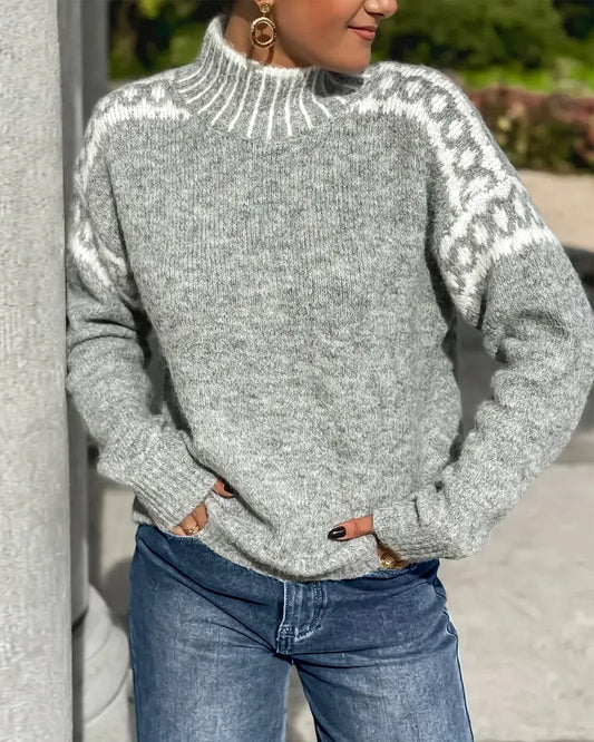 Comfortable Fair Isle Sweater for Women with Mock Neck Long Sleeve Oversized Knit Style
