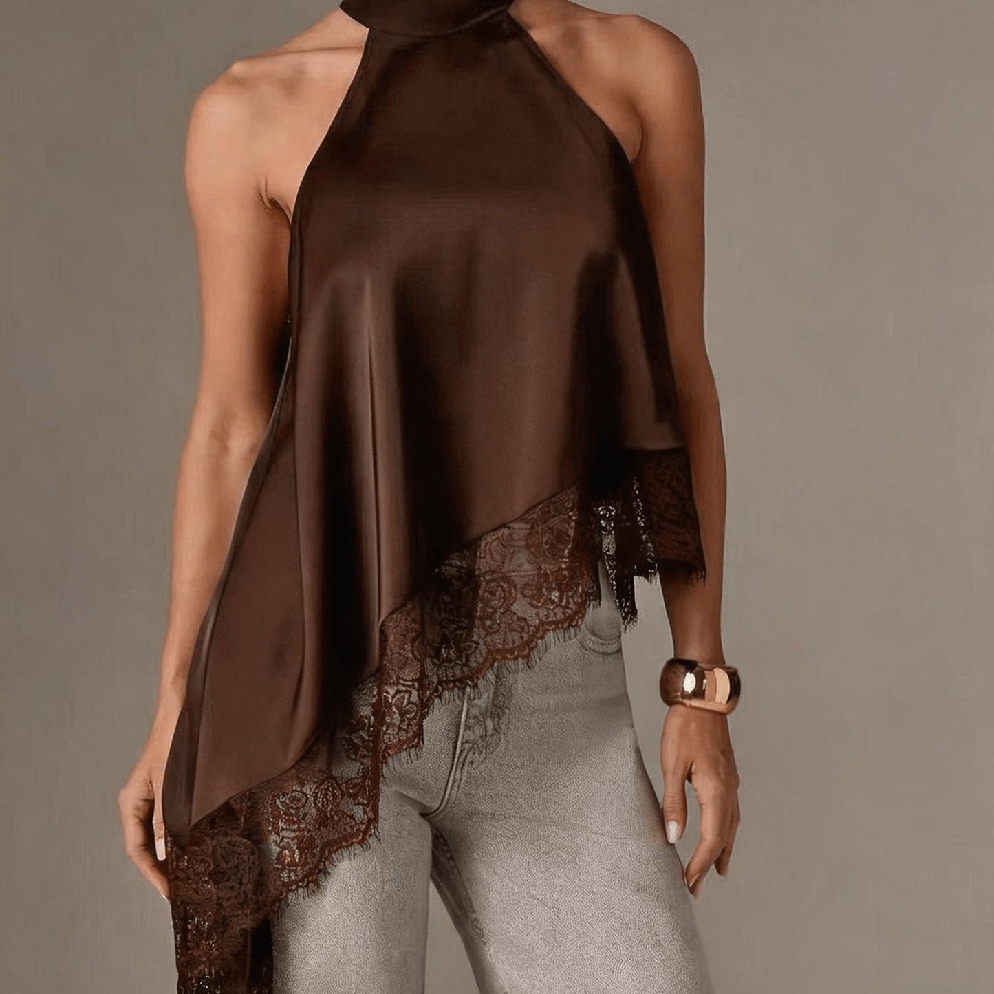 Elegant Satin Blouse for Women with Halter Neck Sleeveless Lace Trim Asymmetric Style