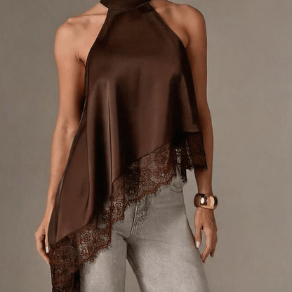 Elegant Satin Blouse for Women with Halter Neck Sleeveless Lace Trim Asymmetric Style