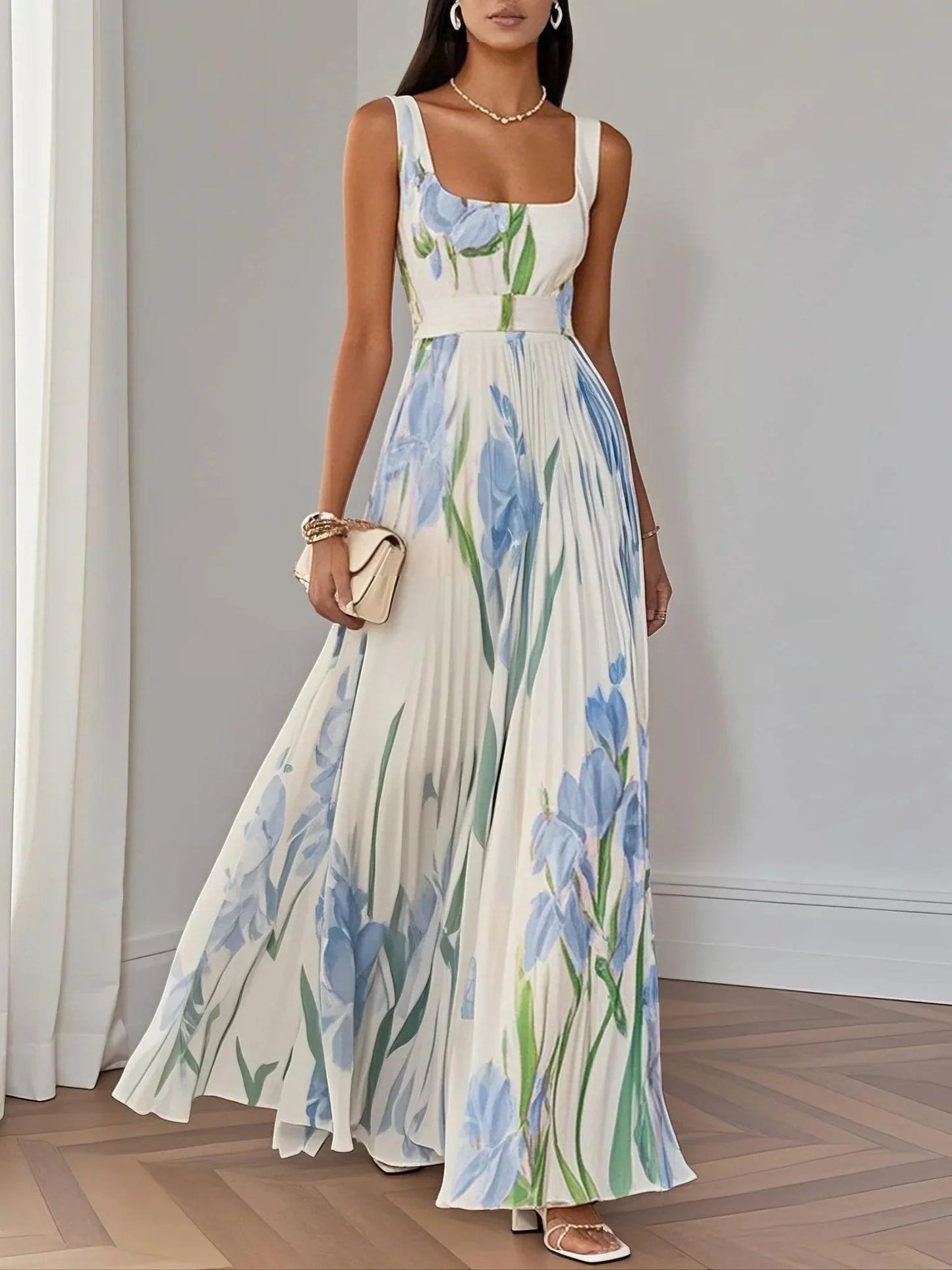 Elegant Floral Maxi Dress for Women with Square Neck Sleeveless Pleated Belted Flowing Style