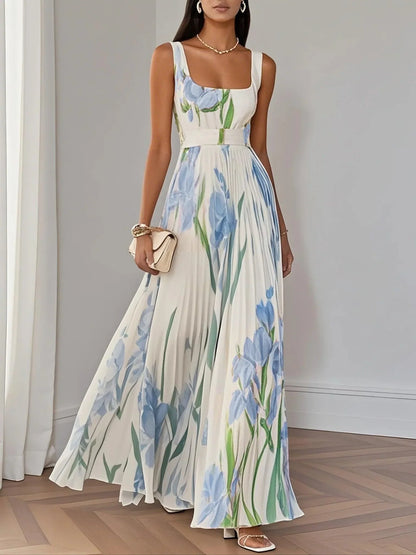 Elegant Floral Maxi Dress for Women with Square Neck Sleeveless Pleated Belted Flowing Style