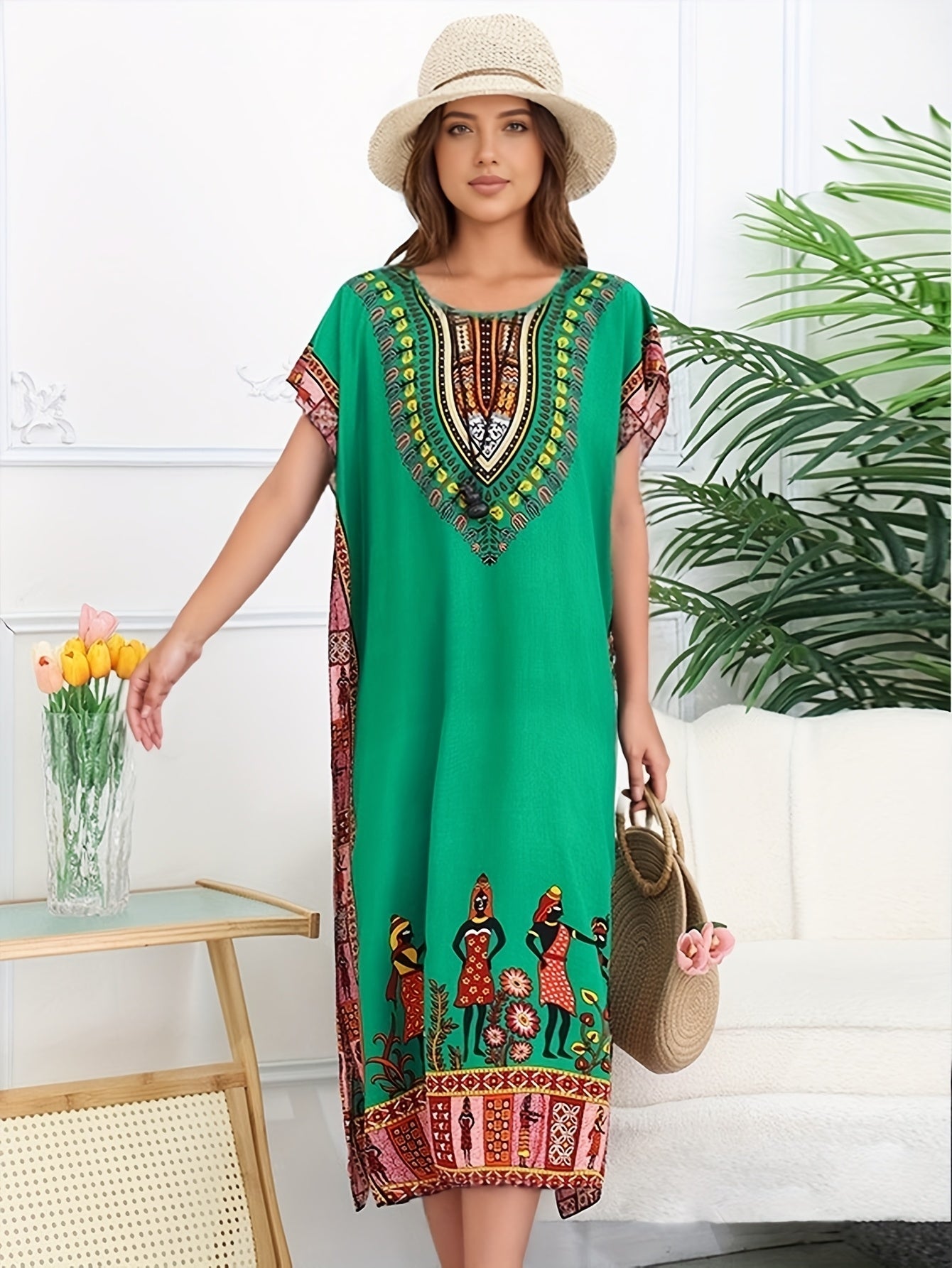 Effortless Tribal Print Kaftan Maxi Dress for Women with V Neck Short Sleeve Flowing Bohemian Style