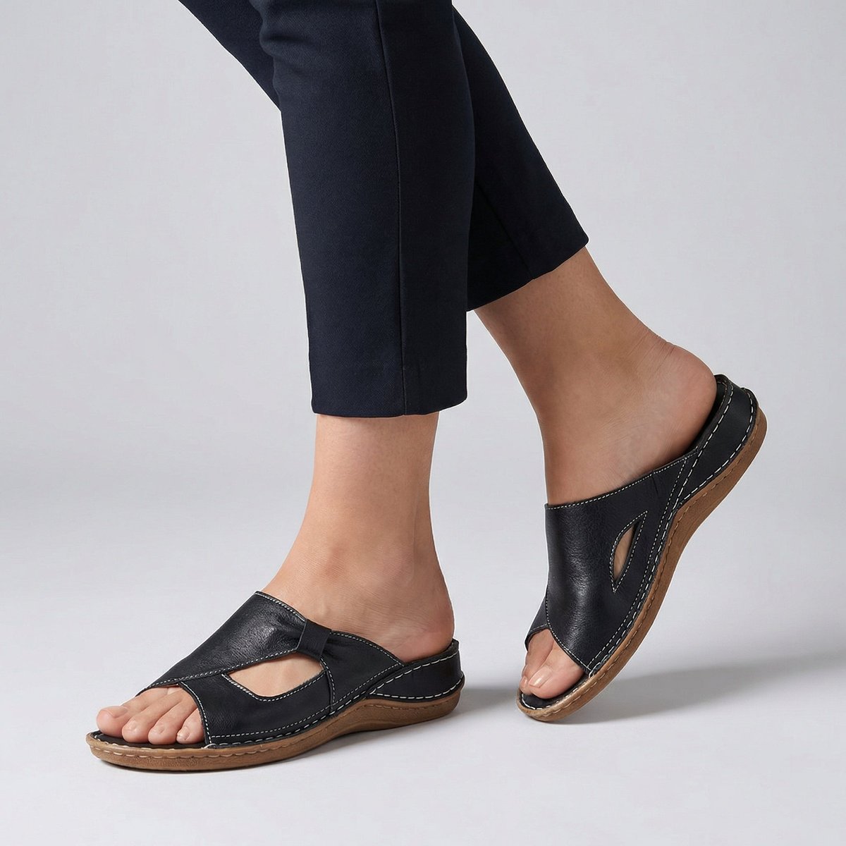 Comfortable Leather Wedge Slide Sandal for Women with Open Toe Cutout Stitched Detail Casual Style