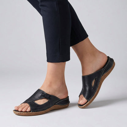 Comfortable Leather Wedge Slide Sandal for Women with Open Toe Cutout Stitched Detail Casual Style