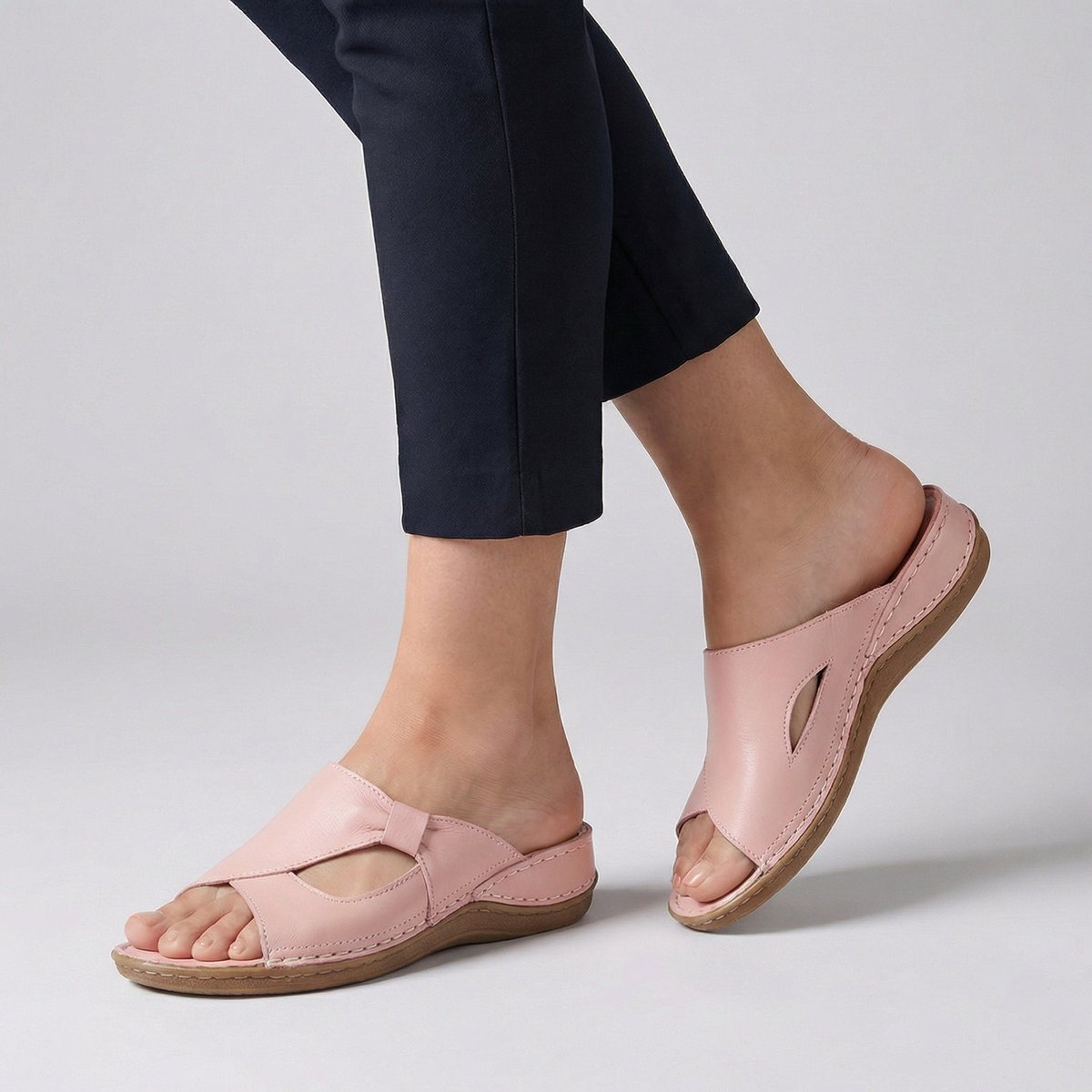 Comfortable Leather Wedge Slide Sandal for Women with Open Toe Cutout Stitched Detail Casual Style
