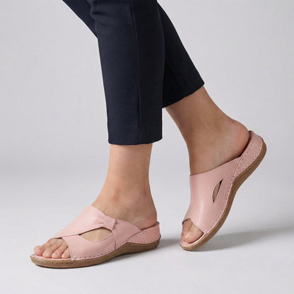 Comfortable Leather Wedge Slide Sandal for Women with Open Toe Cutout Stitched Detail Casual Style
