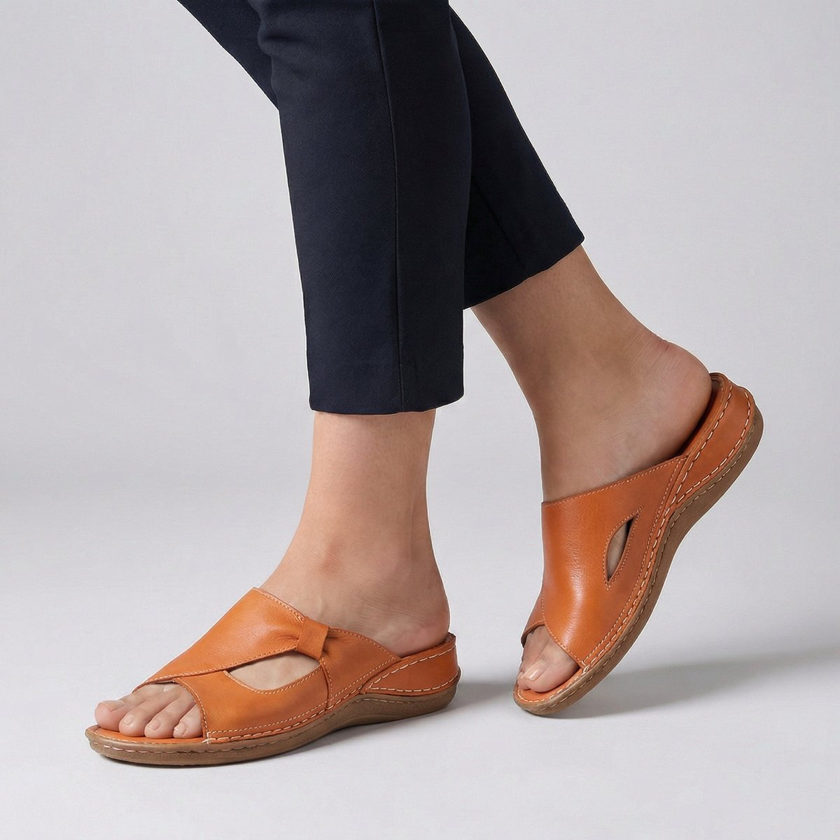 Comfortable Leather Wedge Slide Sandal for Women with Open Toe Cutout Stitched Detail Casual Style