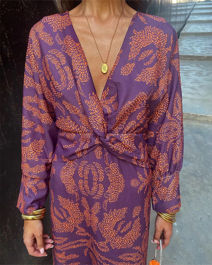 Effortless Printed Maxi Dress for Women with V Neck Balloon Sleeve Twist Front Flowing Boho Style