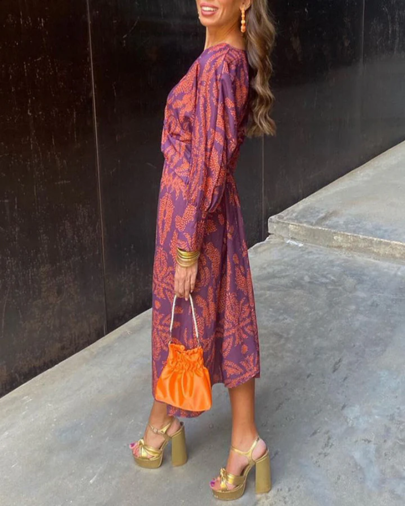 Effortless Printed Maxi Dress for Women with V Neck Balloon Sleeve Twist Front Flowing Boho Style