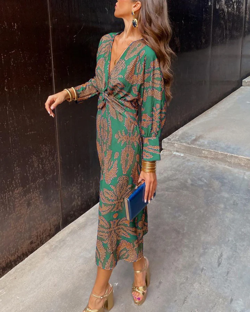 Effortless Printed Maxi Dress for Women with V Neck Balloon Sleeve Twist Front Flowing Boho Style