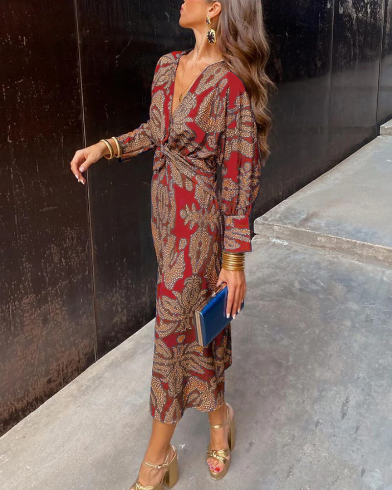 Effortless Printed Maxi Dress for Women with V Neck Balloon Sleeve Twist Front Flowing Boho Style