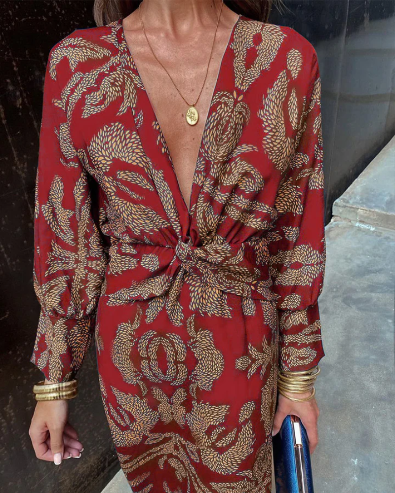 Effortless Printed Maxi Dress for Women with V Neck Balloon Sleeve Twist Front Flowing Boho Style