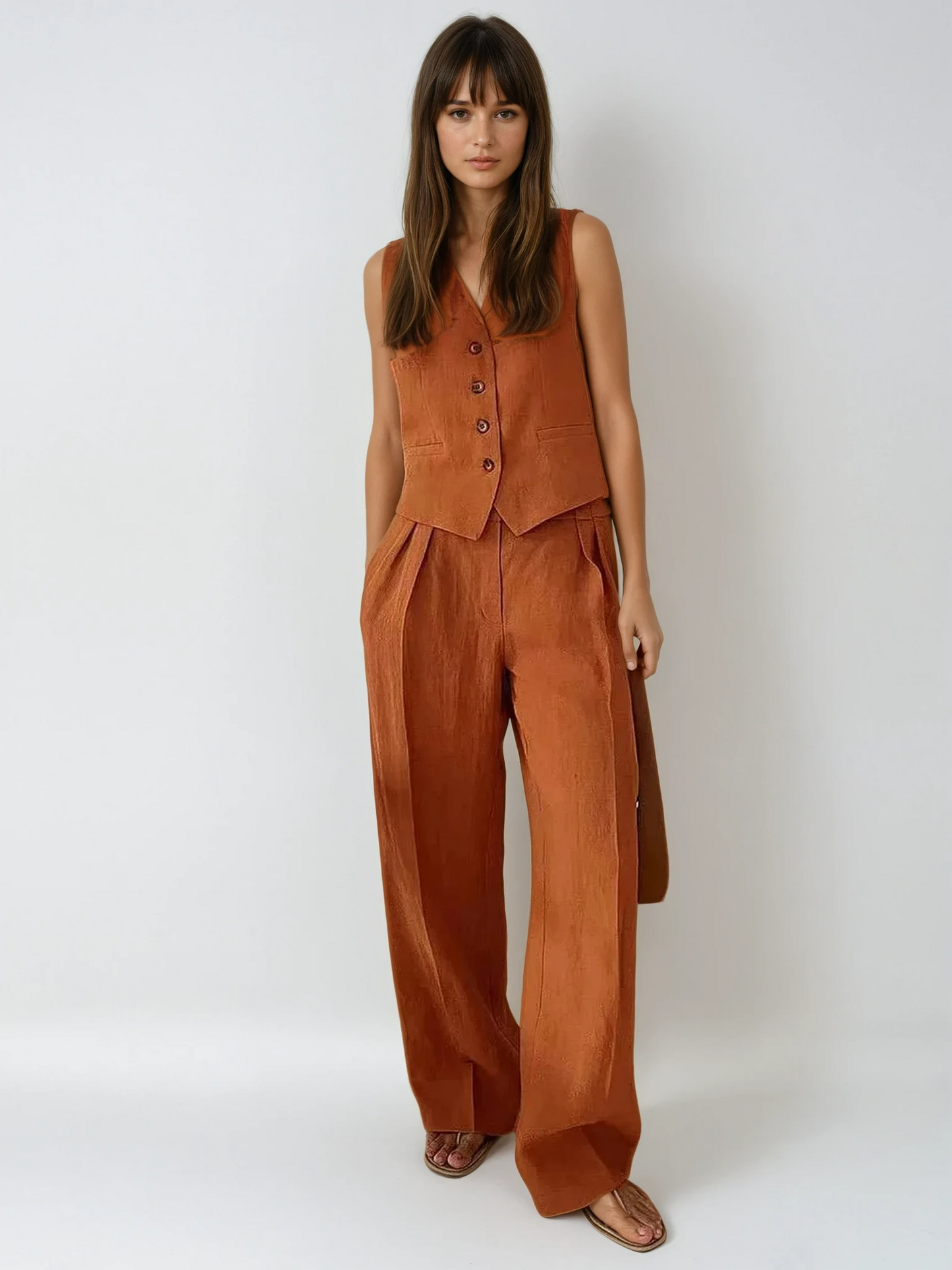 Effortless Linen Waistcoat Wide Leg Set for Women with V Neck Sleeveless Button Front Pleated Two Piece Style