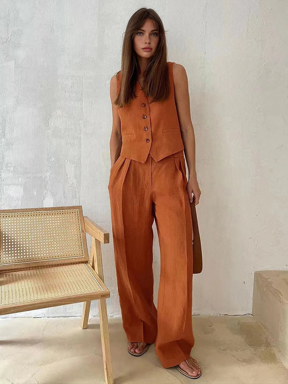 Effortless Linen Waistcoat Wide Leg Set for Women with V Neck Sleeveless Button Front Pleated Two Piece Style