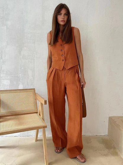 Effortless Linen Waistcoat Wide Leg Set for Women with V Neck Sleeveless Button Front Pleated Two Piece Style