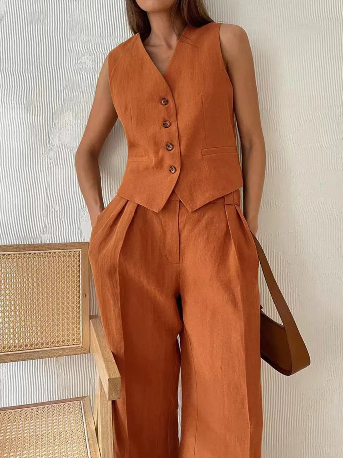 Effortless Linen Waistcoat Wide Leg Set for Women with V Neck Sleeveless Button Front Pleated Two Piece Style