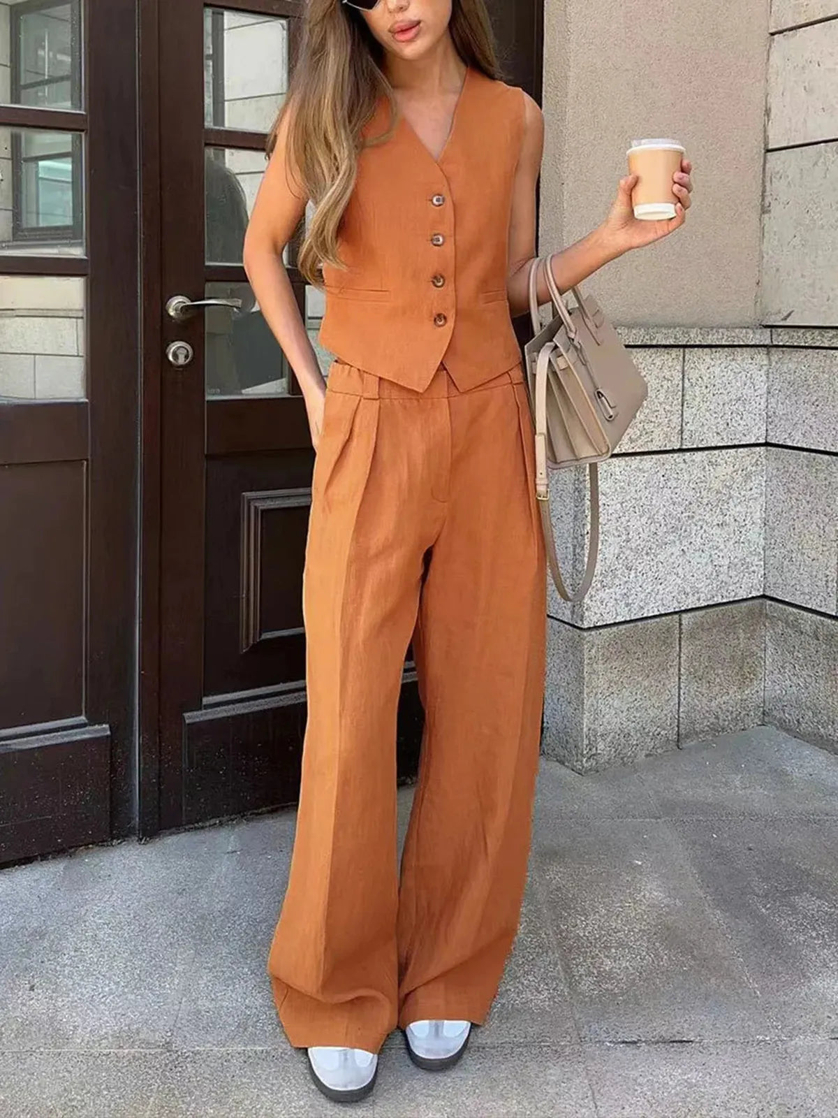 Effortless Linen Waistcoat Wide Leg Set for Women with V Neck Sleeveless Button Front Pleated Two Piece Style