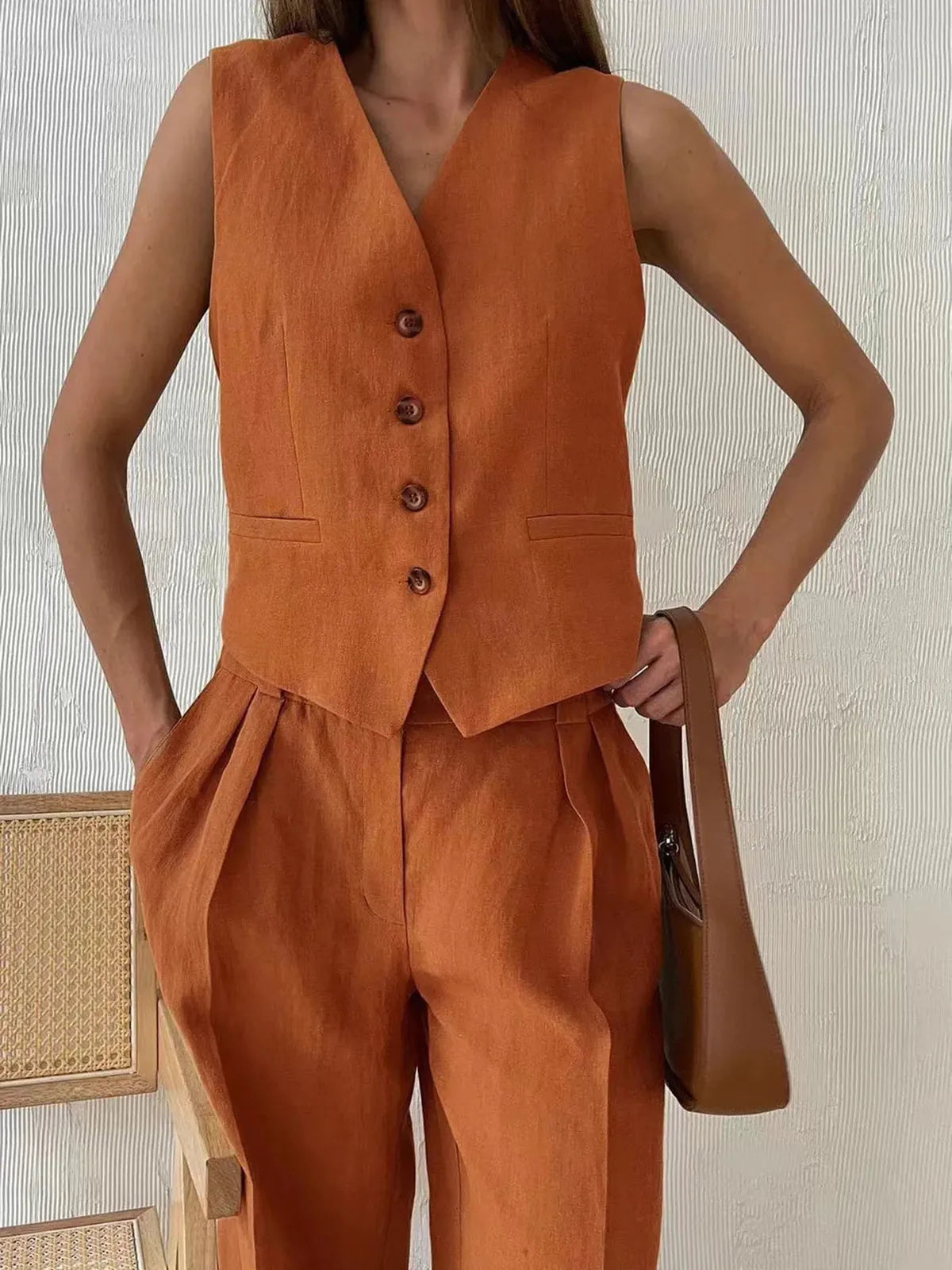 Effortless Linen Waistcoat Wide Leg Set for Women with V Neck Sleeveless Button Front Pleated Two Piece Style