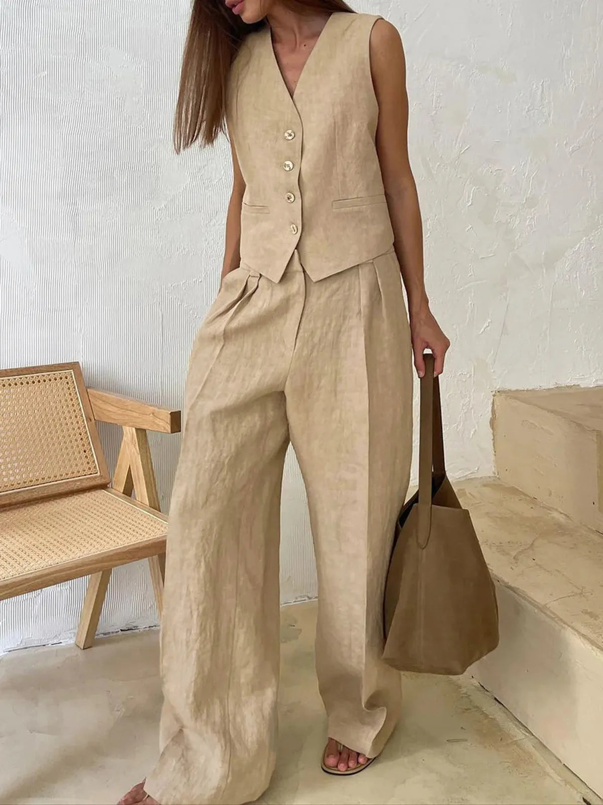 Effortless Linen Waistcoat Wide Leg Set for Women with V Neck Sleeveless Button Front Pleated Two Piece Style