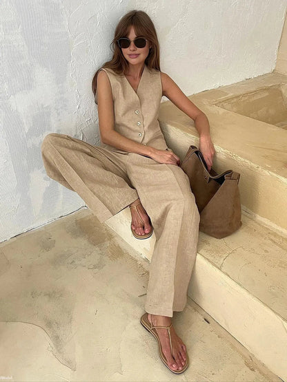 Effortless Linen Waistcoat Wide Leg Set for Women with V Neck Sleeveless Button Front Pleated Two Piece Style