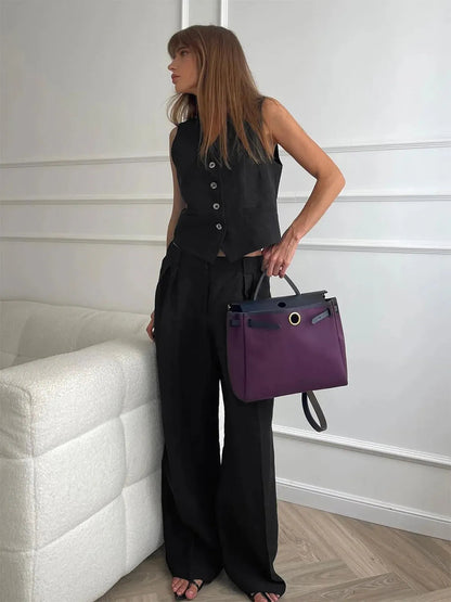 Effortless Linen Waistcoat Wide Leg Set for Women with V Neck Sleeveless Button Front Pleated Two Piece Style