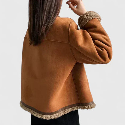 Elegant Brown Shearling Trim Jacket for Women with Round Neck Long Sleeve Button Front Relaxed Style