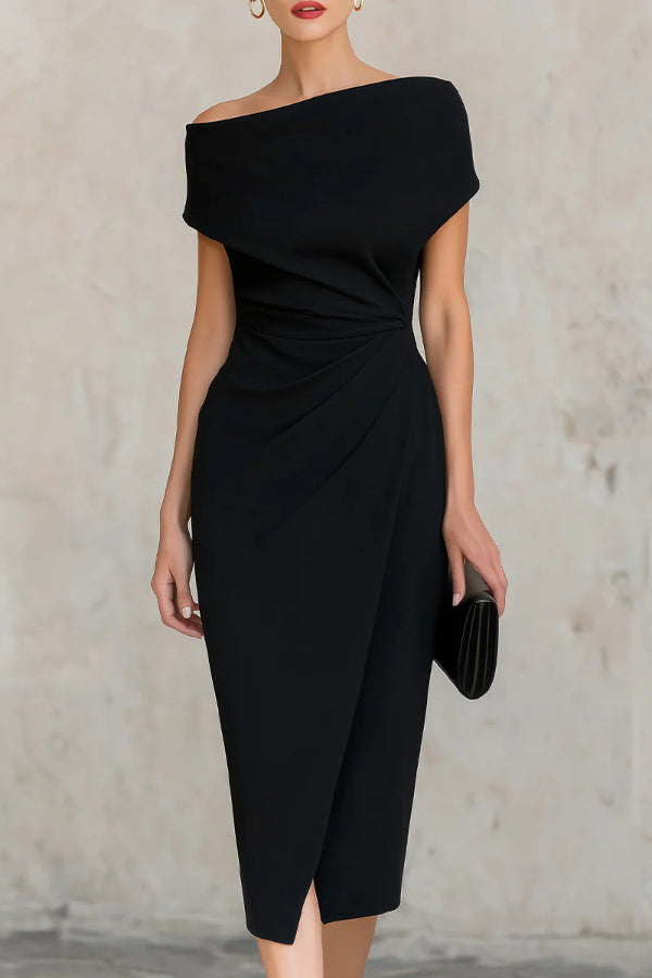 Elegant Draped Midi Sheath Dress for Women with Off Shoulder Cap Sleeve Ruched Wrap Cocktail Style