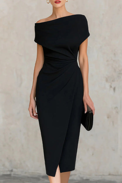 Elegant Draped Midi Sheath Dress for Women with Off Shoulder Cap Sleeve Ruched Wrap Cocktail Style