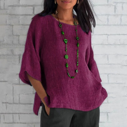 Effortless Linen Blouse for Women with Round Neck Batwing Sleeve Relaxed Oversized Style