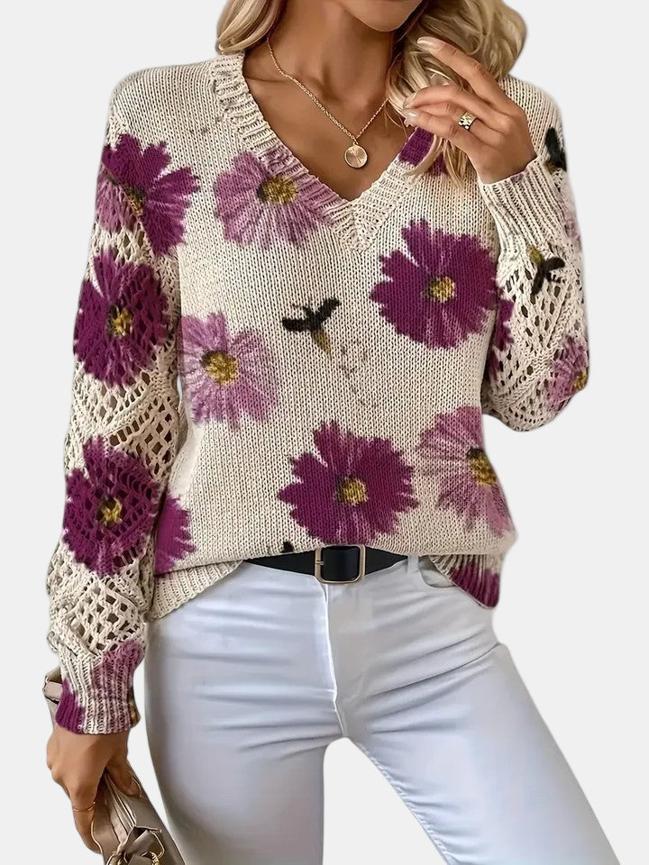 Comfortable Floral Crochet Sweater for Women with V Neck Long Sleeve Relaxed Oversized Knit Style