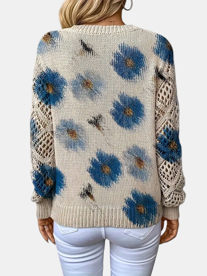 Comfortable Floral Print Sweater for Women with V Neck Long Sleeve Crochet Panel Oversized Knit Style