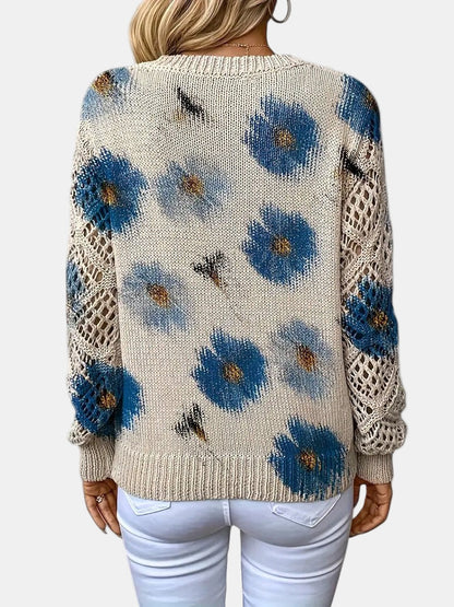 Comfortable Floral Print Sweater for Women with V Neck Long Sleeve Crochet Panel Oversized Knit Style