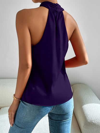 Elegant Satin Halter Top for Women with Crisscross Neck Sleeveless Draped Tank Style