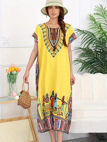 Effortless Tribal Print Kaftan Maxi Dress for Women with V Neck Short Sleeve Flowing Bohemian Style
