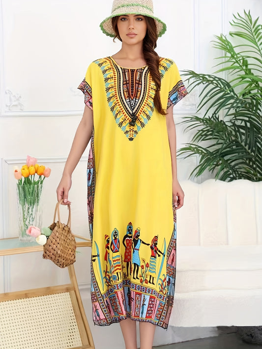 Effortless Tribal Print Kaftan Maxi Dress for Women with V Neck Short Sleeve Flowing Bohemian Style